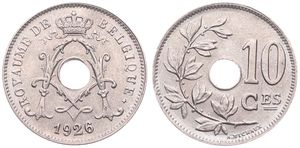 Belgium, Kingdom, Albert I, 10 Centimes Copper-Nickel 1926FR, Center hole within crowned monogram, Morin 345, UNC