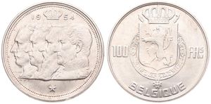 Belgium, Kingdom, Baudouin I, 100 Francs Silver 1954FR, Conjoined heads of four Kings left, Morin 539, XF/AU
