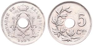 Belgium, Kingdom, Albert I, 5 Centimes Copper-Nickel 1925FR, Center hole within crowned monogram, Morin 366, UNC