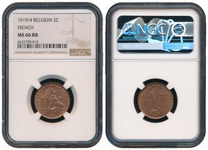 Belgium, Kingdom, Albert I, 2 Centimes Copper 1919/14FR, Seated lion with tablet, Morin 315a, NGC Graded MS 66 RB