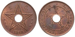 Belgian Congo, Colony, Albert I, 2 Centimes Copper 1919, Center hole flanked by crowned monograms within beaded circle, KM 16, XF