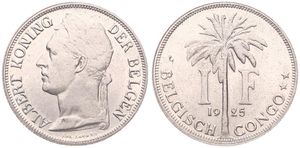 Belgian Congo, Colony, Albert I, 1 Franc Copper-Nickel 1925, Laureate head of the King left, KM 21 Flemish Legend, UNC !