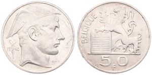 Belgium, Kingdom, Prince Charles, 50 Francs Silver 1948FR, Helmeted head of Mercurius right, Morin 509, XF/AU