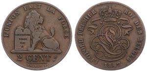 Belgium, Kingdom, Leopold I, 2 Centimes Copper 1847, Seated lion with tablet, Morin 96, A.VF