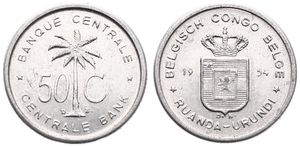 Ruanda-Urundi, Province, Baudouin I, 50 Centimes Aluminum 1954, Oil palm divides denomination, KM 2, A.UNC