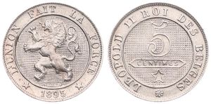 Belgium, Kingdom, Leopold II, 5 Centimes Copper-Nickel 1895FR, Rampant lion within circle left, Morin 246, UNC
