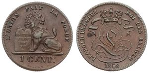 Belgium, Kingdom, Leopold I, 1 Centime Copper 1858, Seated lion with tablet, Morin 126a, VARIETY : WITHOUT DASH UNDER CENT !, XF