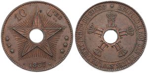 Congo Free State, Royal Domain, Leopold II, 10 Centimes Copper 1887, Center hole flanked by crowned monograms within beaded circle, KM 4, KEY DATE, XF