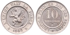 Belgium, Kingdom, Leopold I, 10 Centimes Copper-Nickel 1862, Rampant lion within circle left, Morin 134, UNC