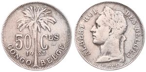 Belgian Congo, Colony, Albert I, 50 Centimes Copper-Nickel 1923/22, Laureate head of the King left, KM 22 French Legend, SCARCER OVERSTRIKE, VF