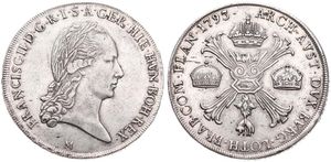 Austrian Netherlands, Franz II, 1 Kronenthaler Silver 1793M, Laureate head right / Floriated cross with 3 crowns & Golden Fleece, KM 239 Milan, RARE, A.XF