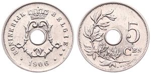 Belgium, Kingdom, Leopold II, 5 Centimes Copper-Nickel 1906FL, Center hole within crowned monogram, Morin 278a, VARIETY WITHOUT CROSS ON CROWN, A.UNC