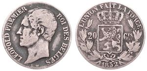 Belgium, Kingdom, Leopold I, 20 Centimes Silver 1852, Bare head left, Morin 58, Fine