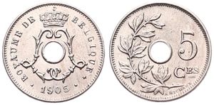 Belgium, Kingdom, Leopold II, 5 Centimes Copper-Nickel 1905FR, Center hole within crowned monogram, Morin 275, UNC