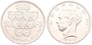 Belgium, Kingdom, Leopold III, 50 Francs Silver 1940FL/FR (Position B), Crown above nine shields, Morin 447b, XF/AU