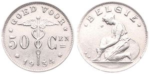 Belgium, Kingdom, Albert I, 50 Centimes Nickel 1934FL, Kneeling woman left, Morin 423, RARE KEY DATE !, A.XF