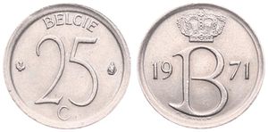 Belgium, Kingdom, Baudouin I, 25 Centimes Copper-Nickel 1971FL, Crown above monogram B, Morin 749, SCARCE VARIETY : MEDAL ALIGNMENT !, UNC