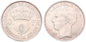 Belgium, Kingdom, Leopold III, 20 Francs Silver 1934FR/FL (Position A), Head left, Morin 448a, A.UNC