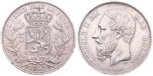 Belgium, Kingdom, Leopold II, 5 Francs Silver 1867, Bearded head left, Morin 154a, VARIETY WITH DOT AFTER F., A.XF