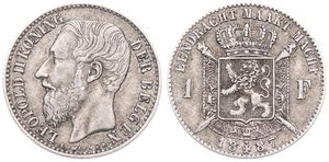 Belgium, Kingdom, Leopold II, 1 Franc Silver 1887FL, Bearded head left, Morin 179a, VARIETY WITHOUT DOT IN ENGRAVERS NAME, VF