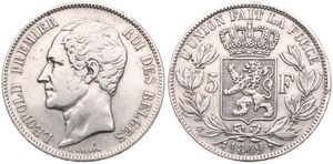 Belgium, Kingdom, Leopold I, 5 Francs Silver 1849, Bare head left, Morin 39a, VARIETY WITH LARGE 9 IN DATE, VF