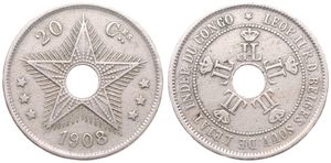 Congo Free State, Royal Domain, Leopold II, 20 Centimes Copper-Nickel 1908, Center hole flanked by crowned monograms within beaded circle, KM 11, A.VF