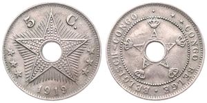 Belgian Congo, Colony, Albert I, 5 Centimes Copper-Nickel 1919, Center hole flanked by crowned monograms within beaded circle, KM 17, XF (Struck at Heaton / Birmingham)