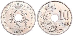 Belgium, Kingdom, Albert I, 10 Centimes Copper-Nickel 1927FL, Center hole within crowned monogram, Morin 348, UNC