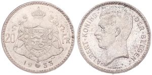 Belgium, Kingdom, Albert I, 20 Francs Silver 1933FL (Position A), Head left, Morin 306a, A.UNC