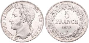 Belgium, Kingdom, Leopold I, 5 Francs Silver 1833, Laureate head left, Morin 8a (Position A), A.UNC ! RARE IN THIS HIGH GRADE ...