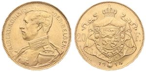 Belgium, Kingdom, Albert I, 20 Francs Gold 1914FL, Armored bust left / Crowned arms, Morin 282b Position B !, SCARCE, A.UNC (*)