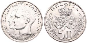 Belgium, Kingdom, Baudouin I, 50 Francs Silver 1960L, Royal Wedding, Morin 544, RARE VARIETY WITH DOUBLE STRUCK ENGRAVERS NAME !, XF