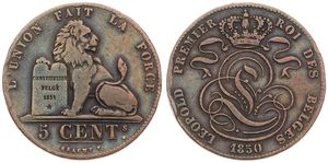 Belgium, Kingdom, Leopold I, 5 Centimes Copper 1850, Seated lion with tablet, Morin 77, VARIETY WITH BROKEN 0 IN DATE, A.VF