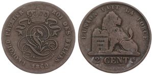 Belgium, Kingdom, Leopold I, 2 Centimes Copper 1862/0, Seated lion with tablet, Morin 110a, UNKNOWN OVERSTRIKE !, Fine