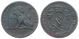 Belgium, Kingdom, Leopold I, 1 Centime Copper 1856, Seated lion with tablet, Morin 124, VARIETY : WITHOUT DASH BELOW CENT, VF