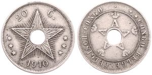 Belgian Congo, Colony, Albert I, 20 Centimes Copper-Nickel 1910, Center hole flanked by crowned monograms within beaded circle, KM 19, VF