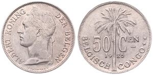 Belgian Congo, Colony, Albert I, 50 Centimes Copper-Nickel 1925, Laureate head of the King left, KM 23 Flemish Legend, XF