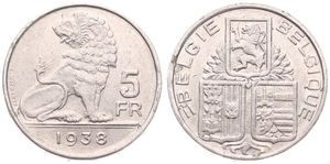 Belgium, Kingdom, Leopold III, 5 Francs Nickel 1938FL/FR (Position A), Seated lion right looking left, Morin 455a, RARE DATE, (Edge lettering with crown), VF