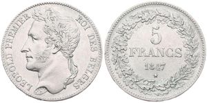 Belgium, Kingdom, Leopold I, 5 Francs Silver 1847, Laureate head left, Morin 13, XF