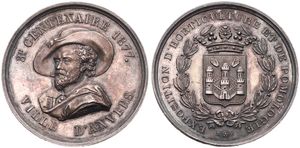 Belgium, Kingdom, Leopold II, Medal in Silver 1877 by M. Vermeiren, 3e Centenaire Ville d'Anvers - Portrait Rubens left/ Exposition - Arms of Antwerp within wreath, XF