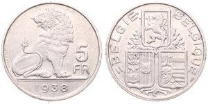 Belgium, Kingdom, Leopold III, 5 Francs Nickel 1938FL/FR (Position B), Seated lion right looking left, Morin 455b, RARE DATE, (Edge lettering with crown), VF