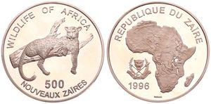 Zaire, Republic, 500 Nouveaux Zaires Silver 1996, Wildlife - Leopard on branch, KM 20, PROOF