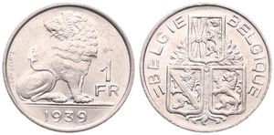 Belgium, Kingdom, Leopold III, 1 Franc Nickel 1939FL/FR, Seated lion right looking left, Morin 459, UNC