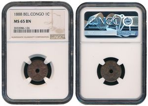 Congo Free State, Royal Domain, Leopold II, 1 Centime Copper 1888, Center hole flanked by crowned monograms within beaded circle, KM 1, NGC Graded MS 65 BN