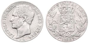 Belgium, Kingdom, Leopold I, 20 Centimes Silver 1858, Bare head left, Morin 60, RARE KEY DATE, VF