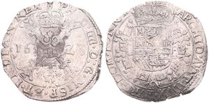 Spanish Netherlands, Philip IV, 1 Patagon Silver 1623, Cross with crown and golden fleece within circle / Crowned arms within circle, VH 645.TO - Tournai, A.VF 