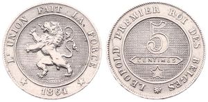 Belgium, Kingdom, Leopold I, 5 Centimes Copper-Nickel 1864, Rampant lion within circle left, Morin 140, SCARCE KEY DATE !, XF