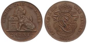 Belgium, Kingdom, Leopold II, 2 Centimes Copper 1870FR, Seated lion with tablet, Morin 207, UNC