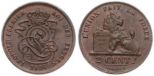 Belgium, Kingdom, Leopold I, 2 Centimes Copper 1836, Seated lion with tablet, Morin 90f, VARIETY WITH INCOMPLETE T IN CENT (STRUCK ON DUTCH CENT) !, A.UNC
