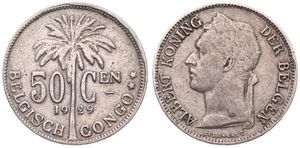 Belgian Congo, Colony, Albert I, 50 Centimes Copper-Nickel 1929, Laureate head of the King left, KM 23 Flemish Legend, RARE KEY DATE, VF